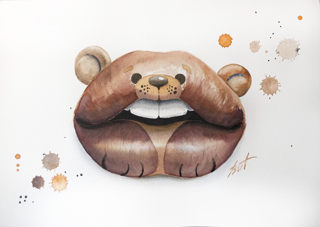 Bear Painting Lips Original Artwork Fashion Watercolor Animal Wall Art - 海报/装饰画/版画 - 纸 
