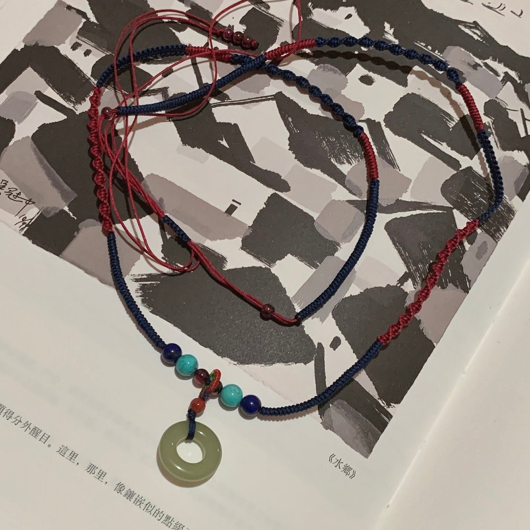 客制化//和田玉平安扣 青金石 绿松石 石榴石编织项链 - 项链 - 玉石 绿色