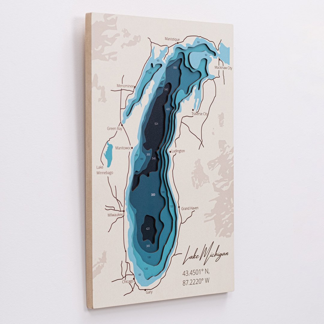 Lake Michigan Depth Map, Wall Art, 3D Wooden Lake Plan, Travel Lover, Wall Art - 墙贴/壁贴 - 木头 