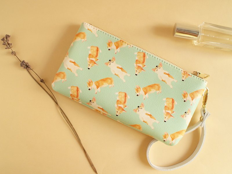 柯基犬 哥基 小狗 零钱包 手拿包 收纳包 钱夹 护照包 手机包 - 零钱包 - 真皮 蓝色