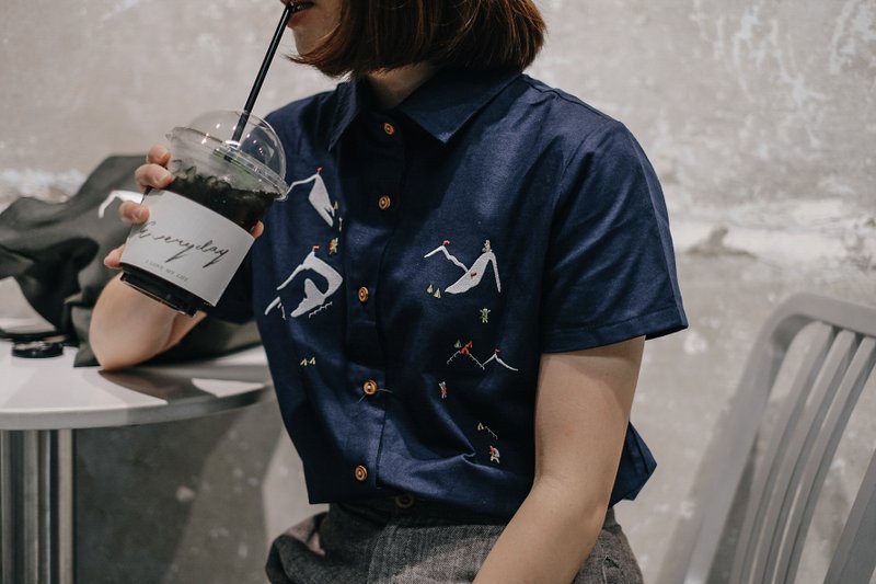 限量款 ! 圣母峰刺绣 海军蓝色牛津棉质衬衫 S/M - 女装衬衫 - 棉．麻 蓝色