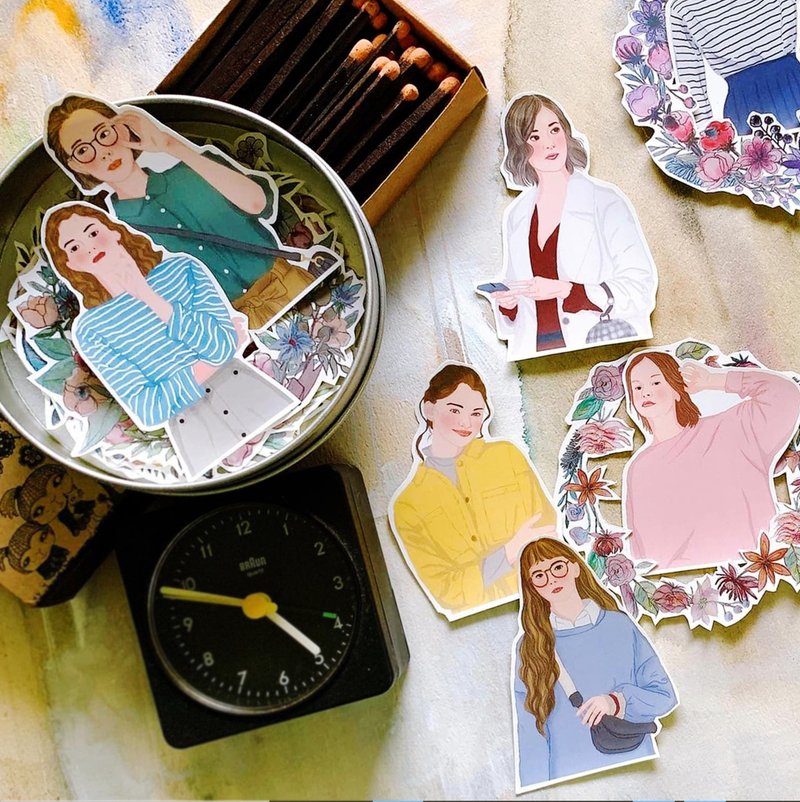 女孩与花圈贴纸 - 圆形铁盒贴纸组 - 贴纸 - 纸 