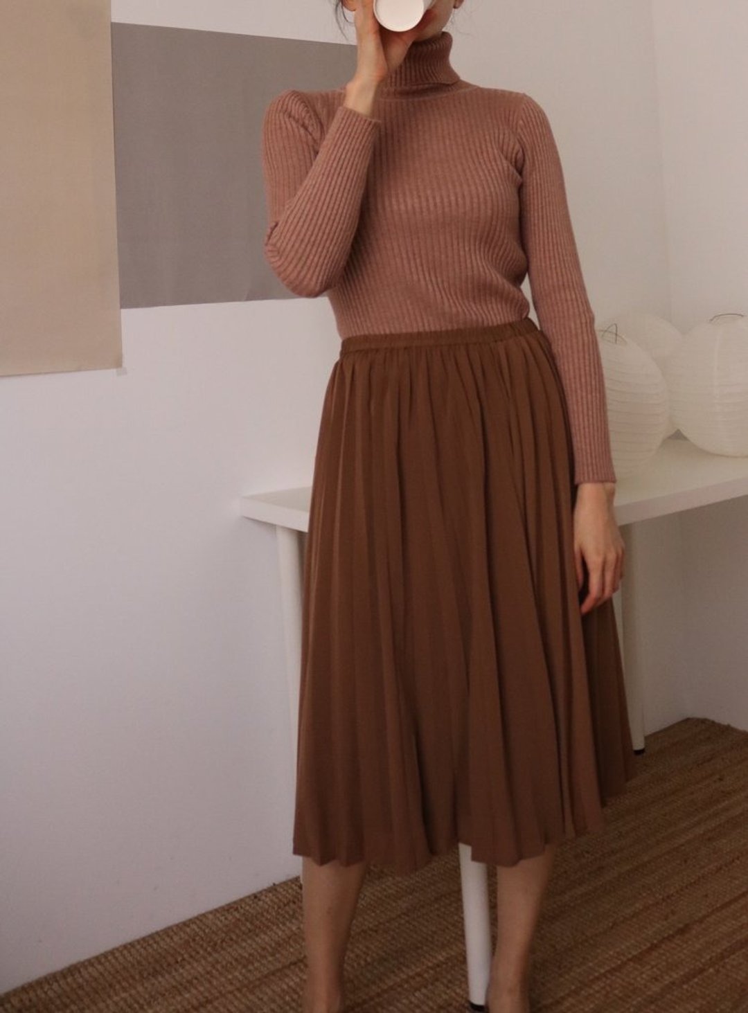 MIZUKO TOP - JAPANESE VINTAGE 雾粉色高领贴身罗纹毛衣 - 女装针织衫/毛衣 - 压克力 粉红色