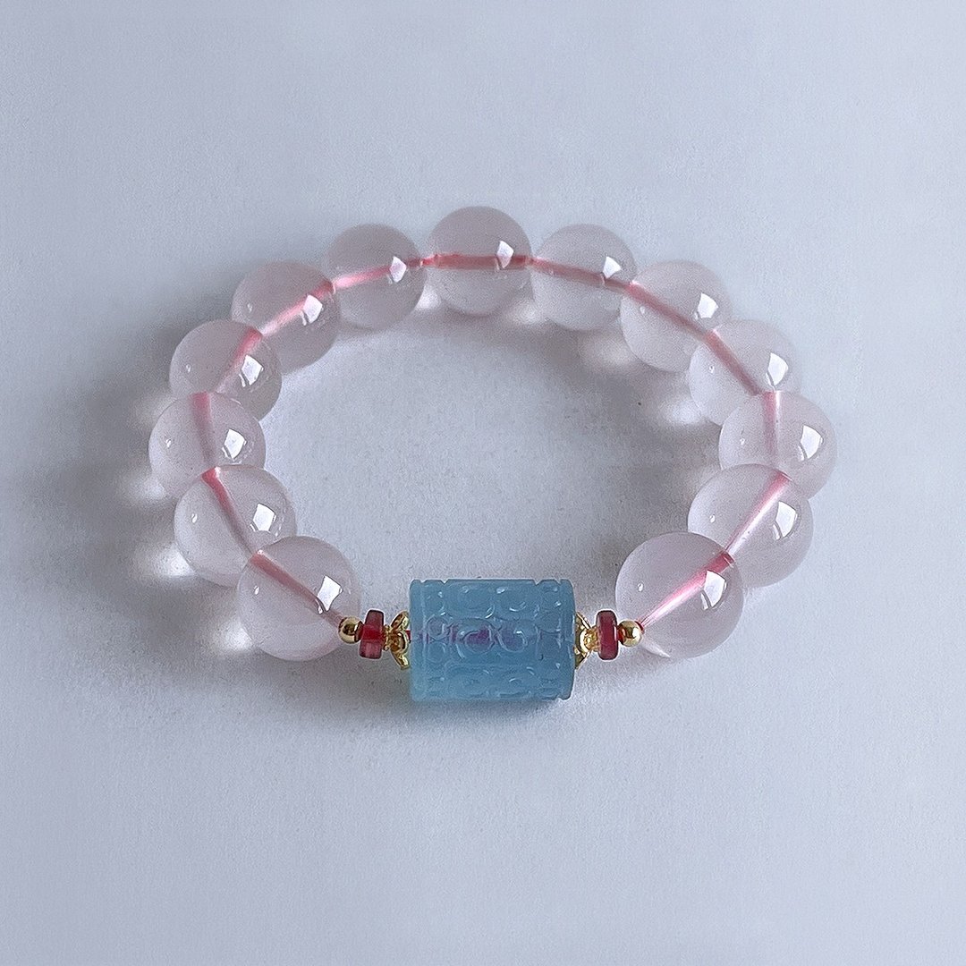 宝石系 天然矿石 莫桑比克粉晶12.5 mm 海蓝宝 碧玺 925纯银 手链 - 手链/手环 - 宝石 粉红色