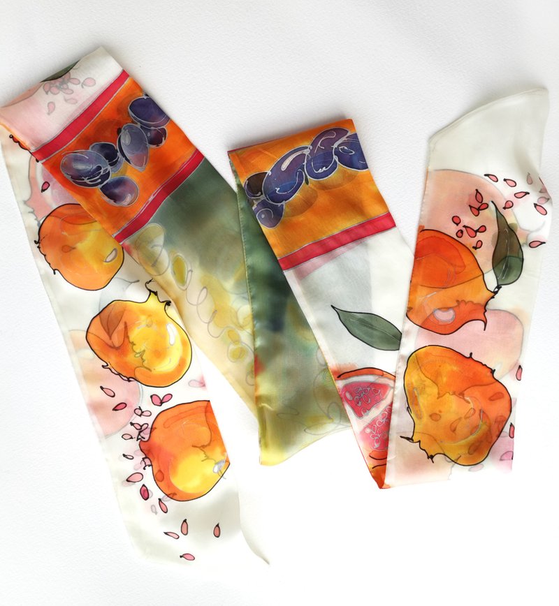 长款紧身丝巾石榴和李子手绘头发围巾 - 丝巾 - 丝．绢 橘色