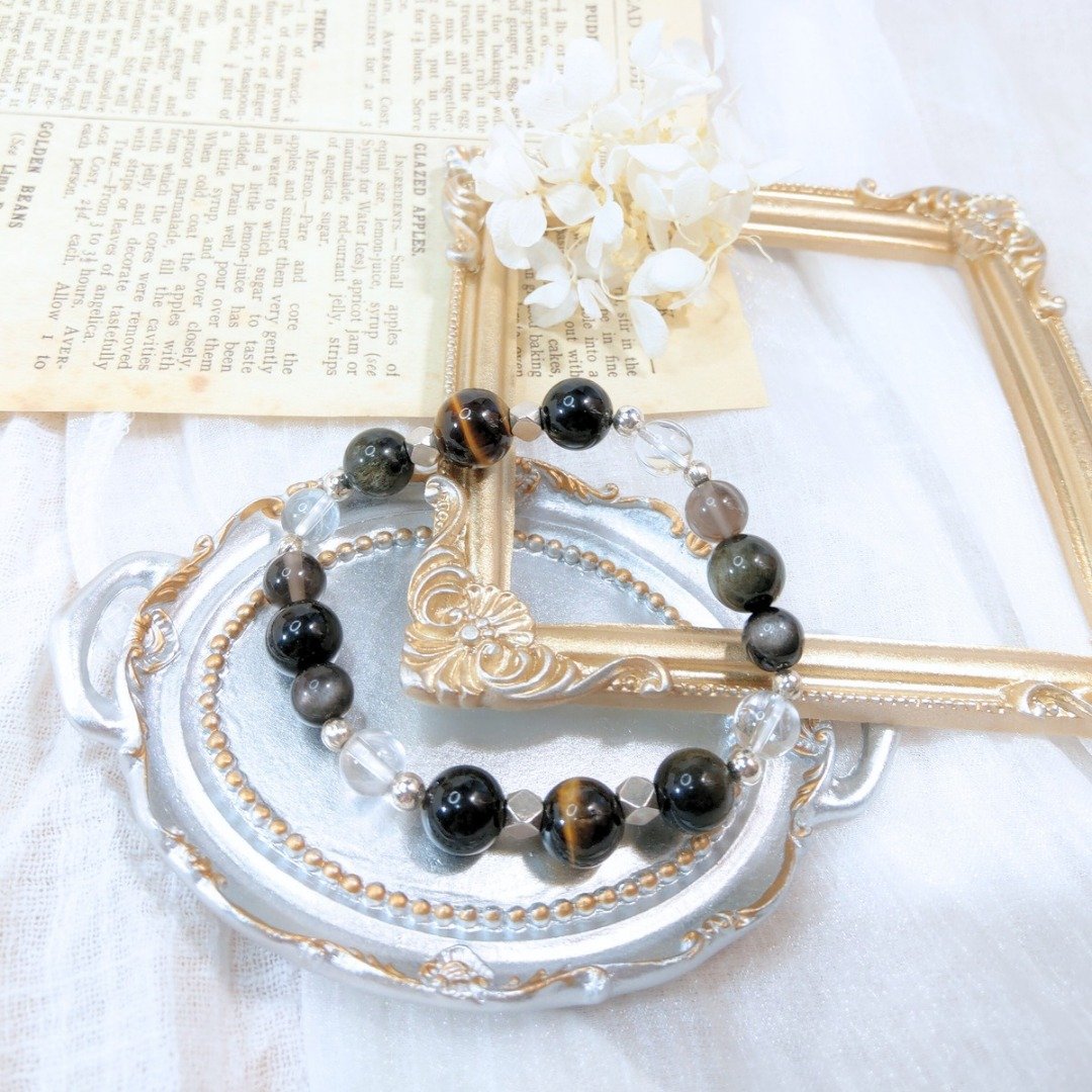 金曜晶天然水晶手链 | 白水晶 | 银曜石 | 茶晶 | 虎眼石 | 黑曜石手 - 手链/手环 - 水晶 黑色