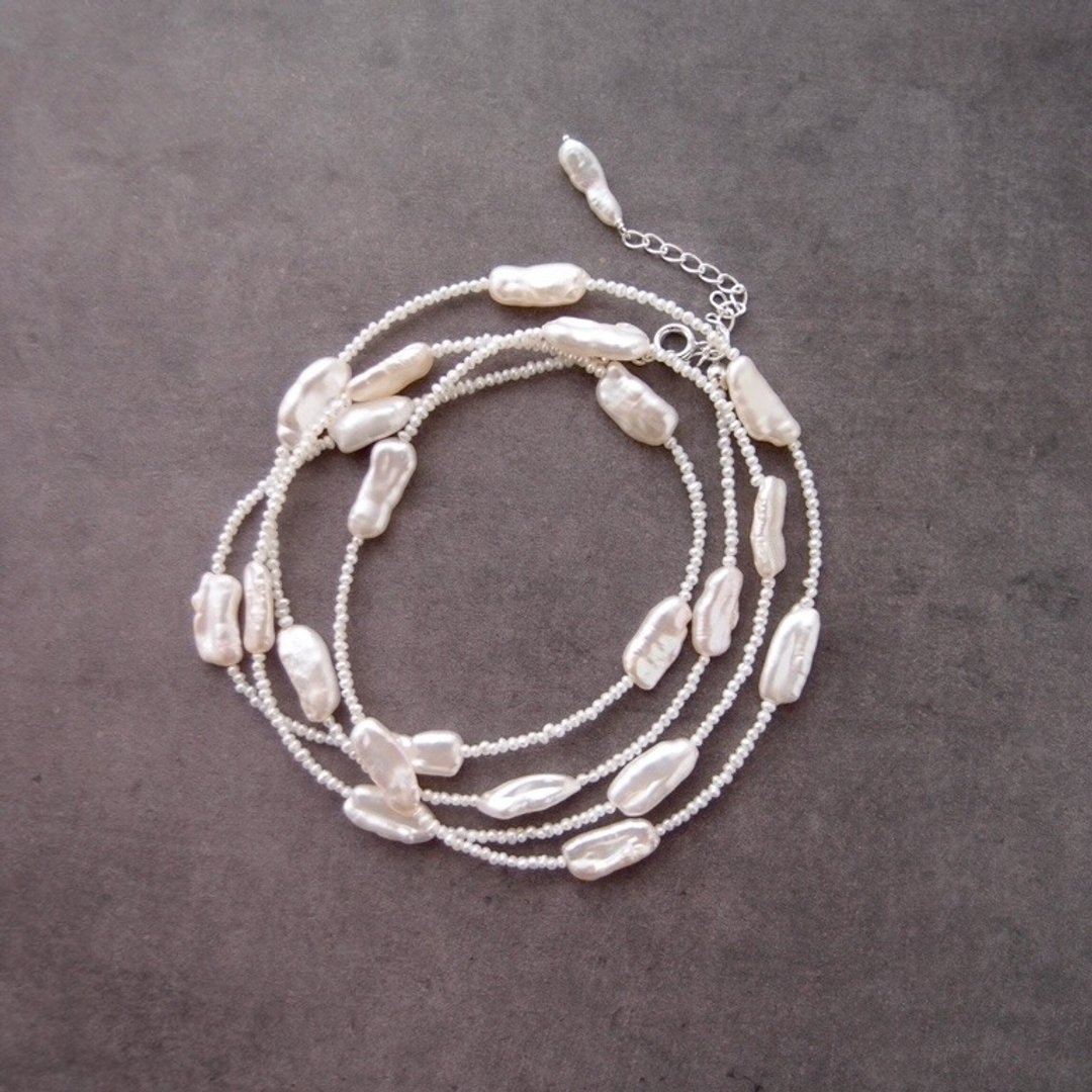 【SV】Stick × Seed Pearl Necklace 棒状珍珠 串珠长项链 - 项链 - 宝石 白色