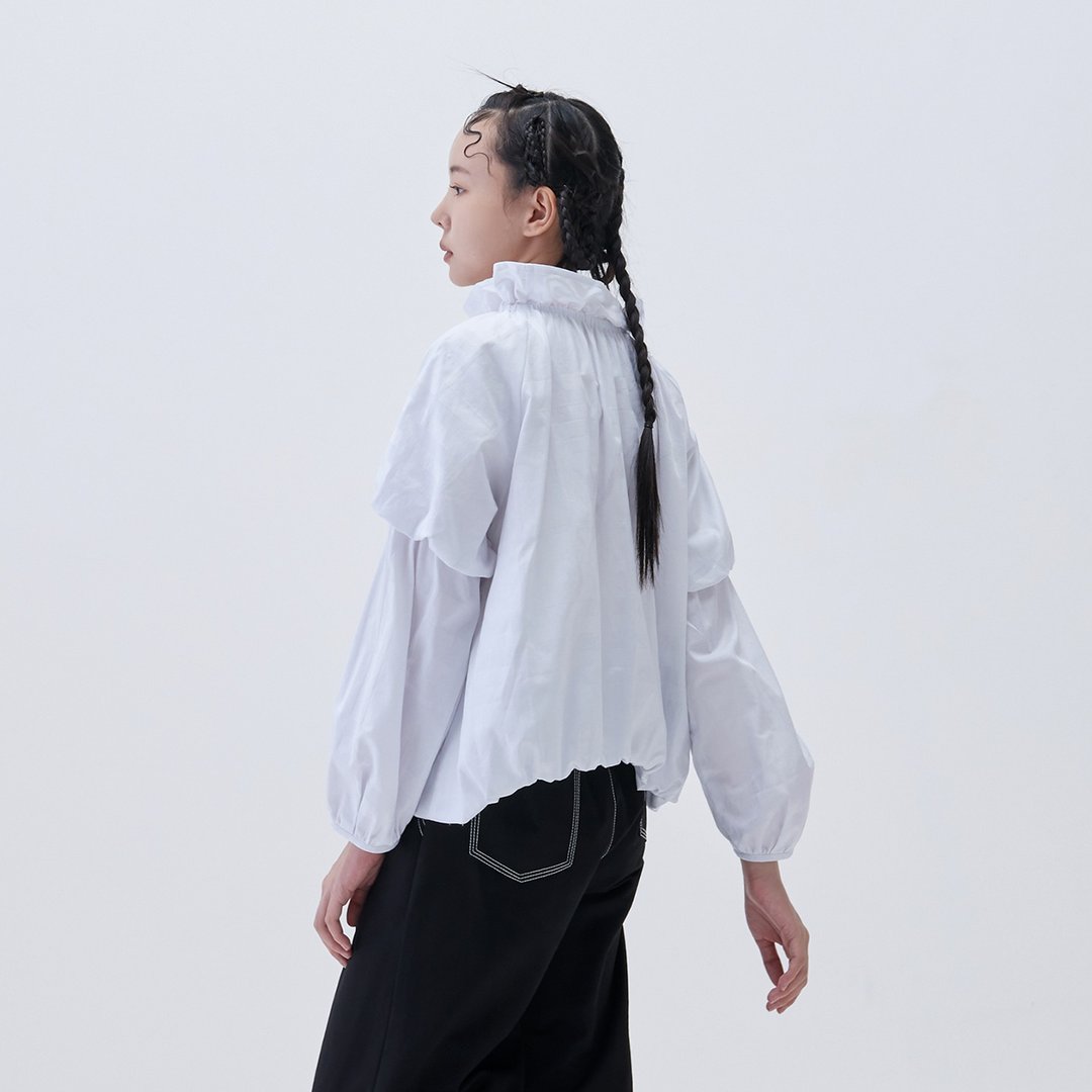 立体双层泡袖上衣 - 女装上衣 - 棉．麻 白色