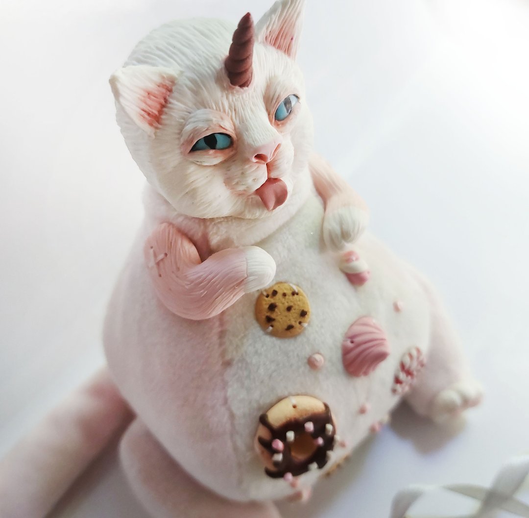 Collectible Handmade OOAK stuffed toy. Cute, sweet, fat cat. - 玩偶/公仔 - 其他金属 粉红色