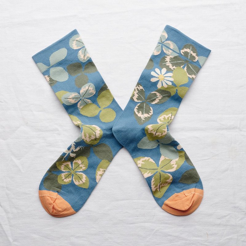 【Bonne Maison】蓝色幸运草 纯棉织袜 - 袜子 - 棉．麻 多色