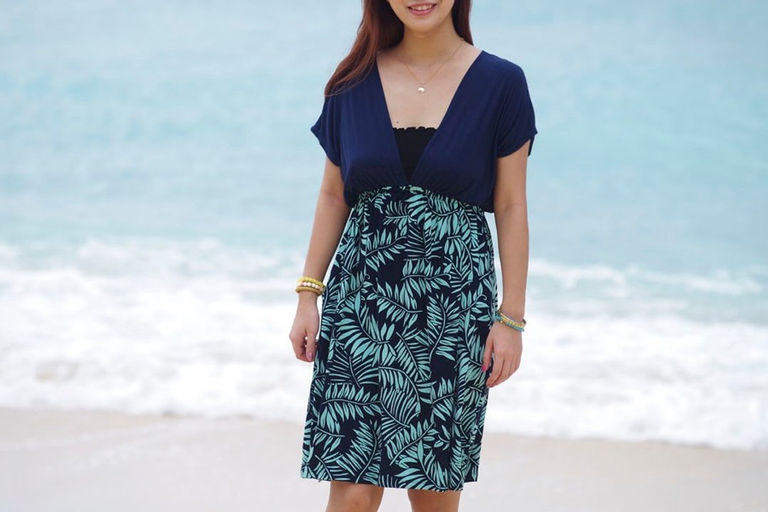 New work in the summer of 2017! Leaf pattern V-neck dress <Navy mint> - 洋装/连衣裙 - 其他材质 绿色