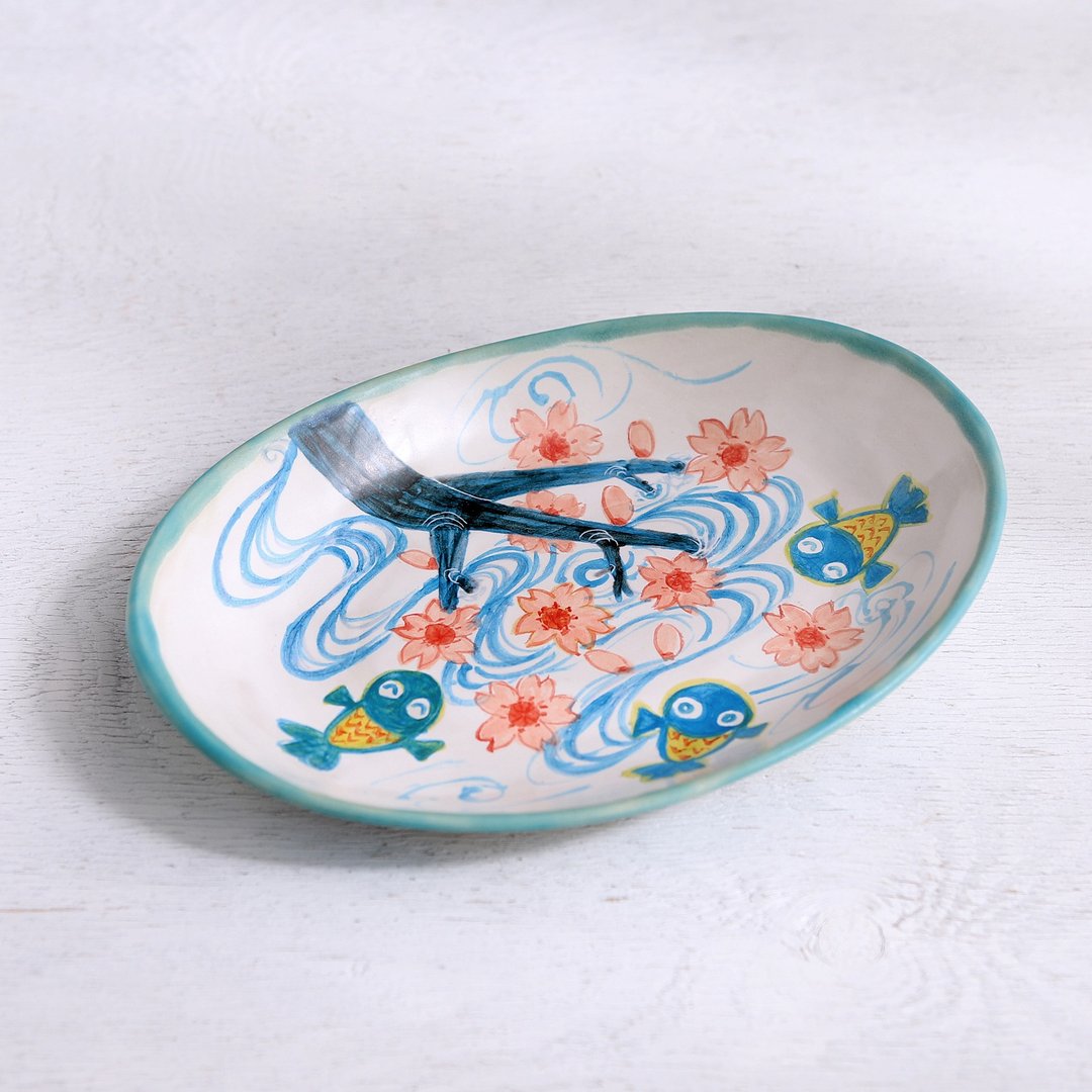 Cherry blossoms and goldfish painting oval plate blue - 盘子/餐盘/盘架 - 陶 蓝色
