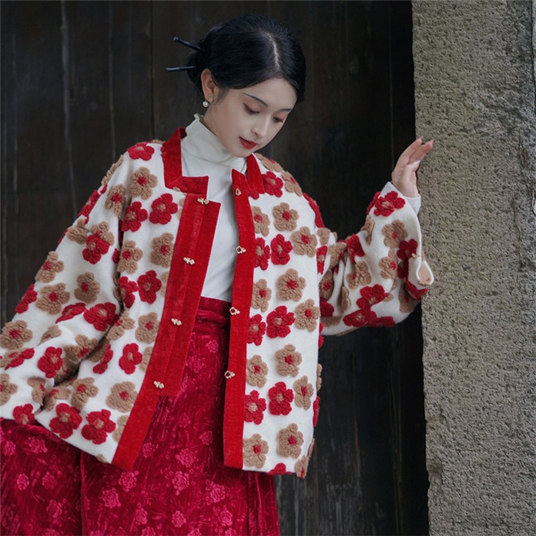 清平樂 紅花新中式國風羊羔毛厚外套 提花重工秋冬復古上衣 - 女装休闲/机能外套 - 聚酯纤维 红色