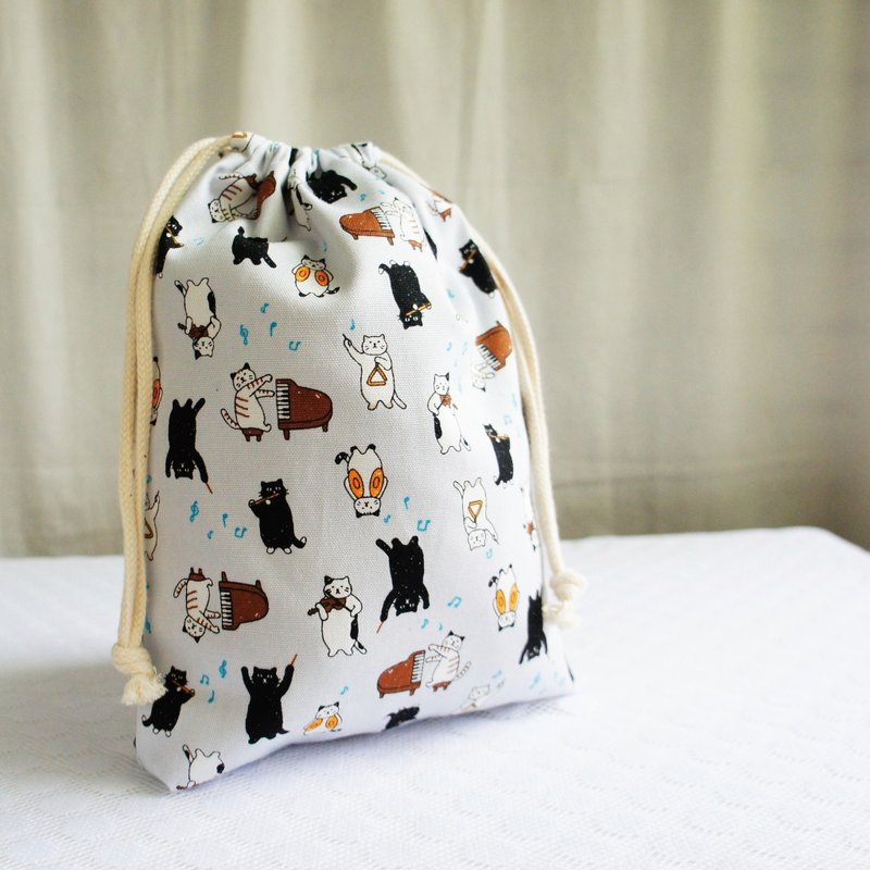 Lovely日本布【猫咪音乐家TN记事本手帐束口袋】可装长夹有里布E - 化妆包/杂物包 - 棉．麻 灰色