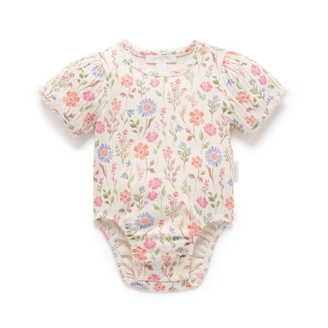 澳洲Purebaby有机棉婴儿短袖包屁衣/新生儿 连身衣 花卉罗纹 - 包屁衣/连体衣 - 棉．麻 