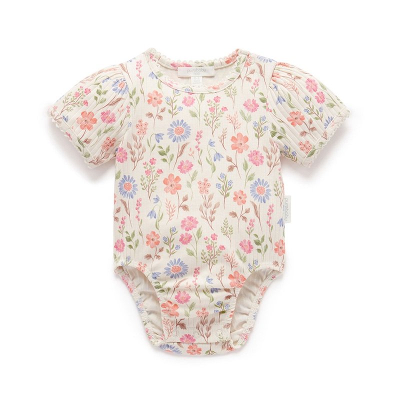 澳洲Purebaby有机棉婴儿短袖包屁衣/新生儿 连身衣 花卉罗纹 - 包屁衣/连体衣 - 棉．麻 