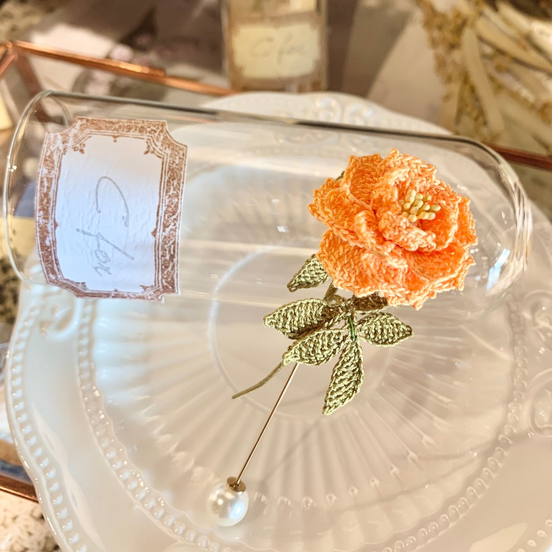 Peony 牡丹 钩织 编织 胸针 襟针 襟花 瓶中花 摆设 定制 礼物 - 胸针 - 棉 橘色