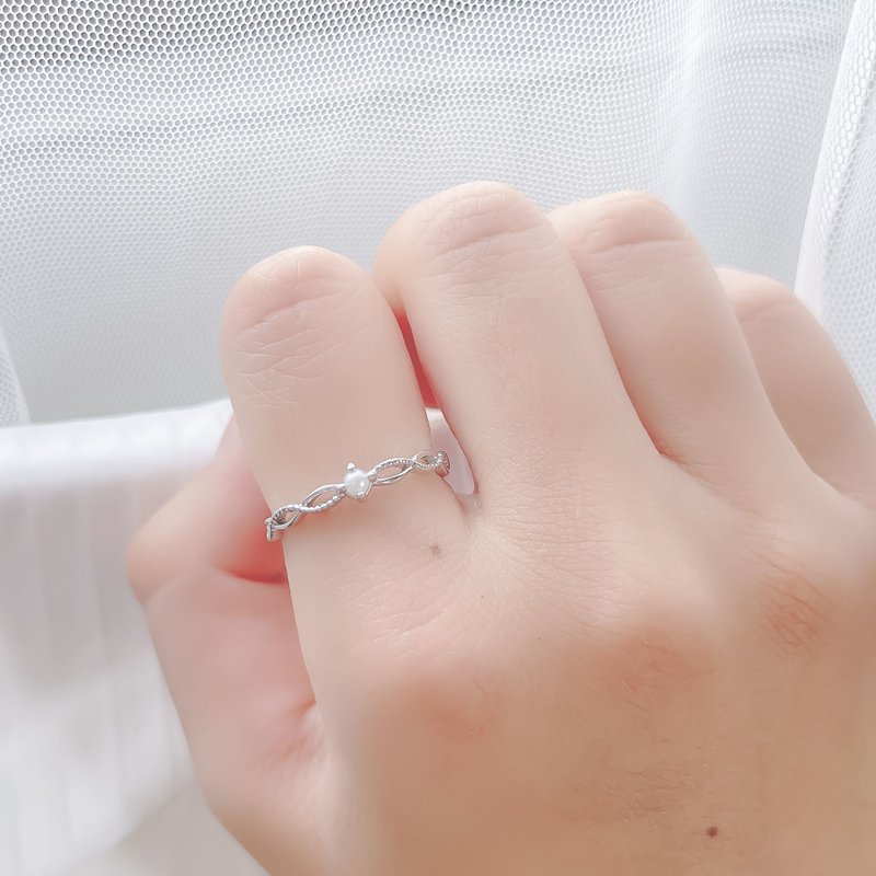 天然淡水珍珠925纯银典雅蕾丝交织戒指 可调式戒指 - 戒指 - 珍珠 银色