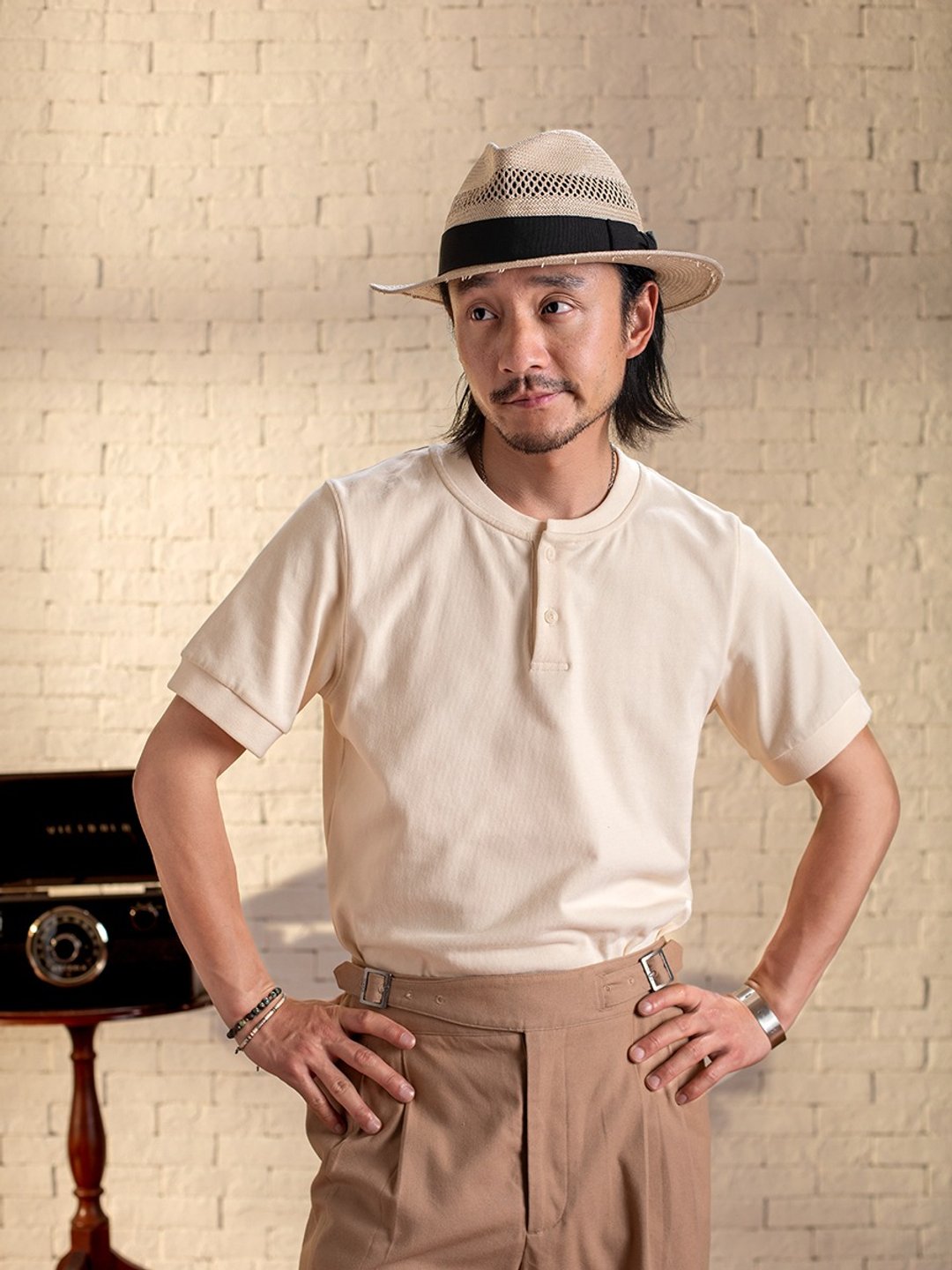 SOARIN美式复古亨利领工装T-SHIRT(2423T31) - 男装上衣/T 恤 - 棉 白色