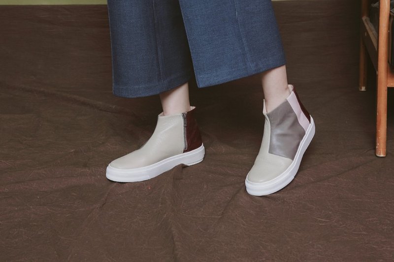 【 展示品出清 】复古撞色拼接 厚底高筒真皮休闲鞋 米灰粉 - 女款休闲鞋 - 真皮 卡其色