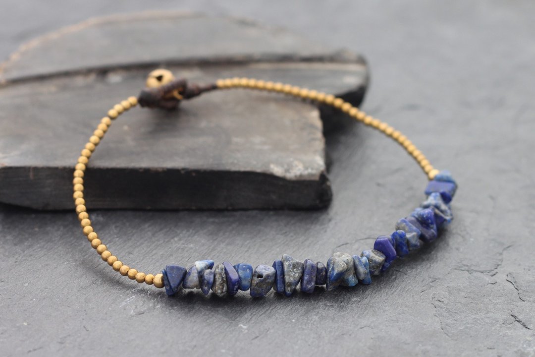 基本的Lapis Stone最小脚踝黄铜串珠 - 脚链/脚环 - 石头 蓝色