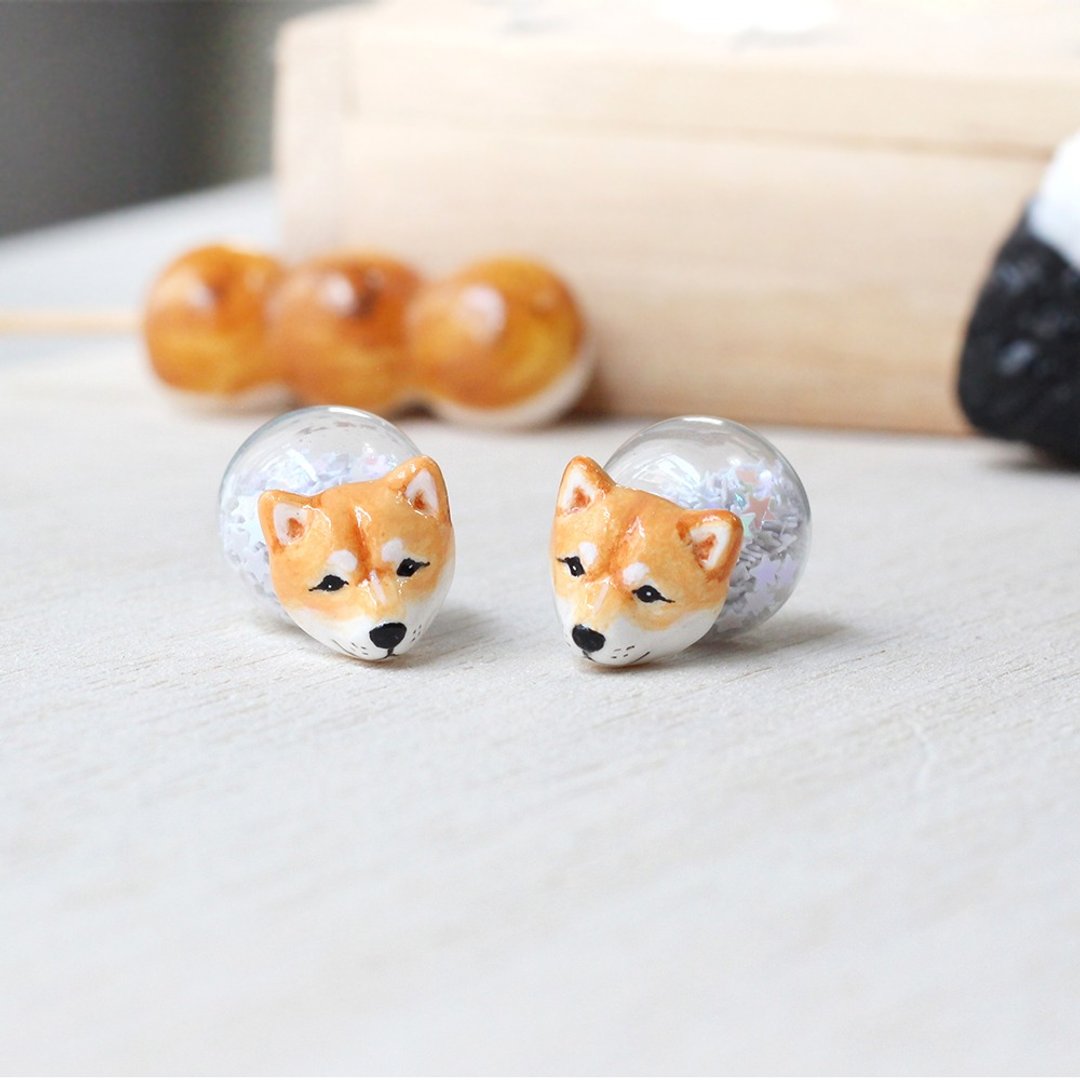 Shiba Inu Dog earrings, Double sided Earrings, Glass Ball Earrings - 耳环/耳夹 - 粘土 咖啡色