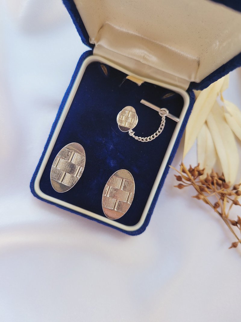 美国西洋古董饰品 / 银色衔接格纹古董袖扣 Cufflinks / 男士珠宝 - 袖扣 - 其他金属 