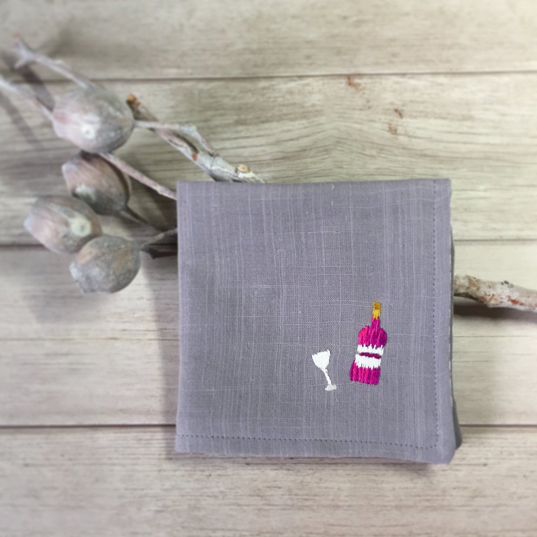 Hand embroidered gauze handkerchief red wine (order-receiving) - 手帕/方巾 - 棉 灰色