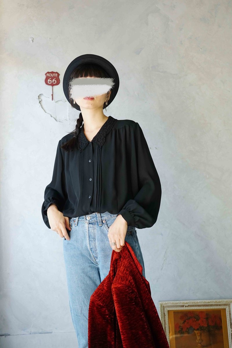 寻宝古着 - 蕾丝领片黑色透肤雪纺复古衬衫 - 女装衬衫 - 聚酯纤维 黑色