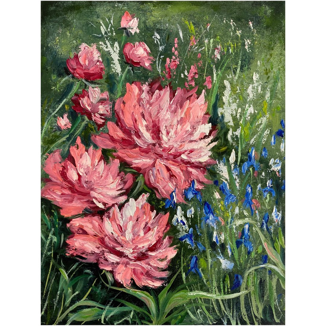 Peonies flowers painting\oil original painting/wall art/Meadow painting - 墙贴/壁贴 - 其他材质 