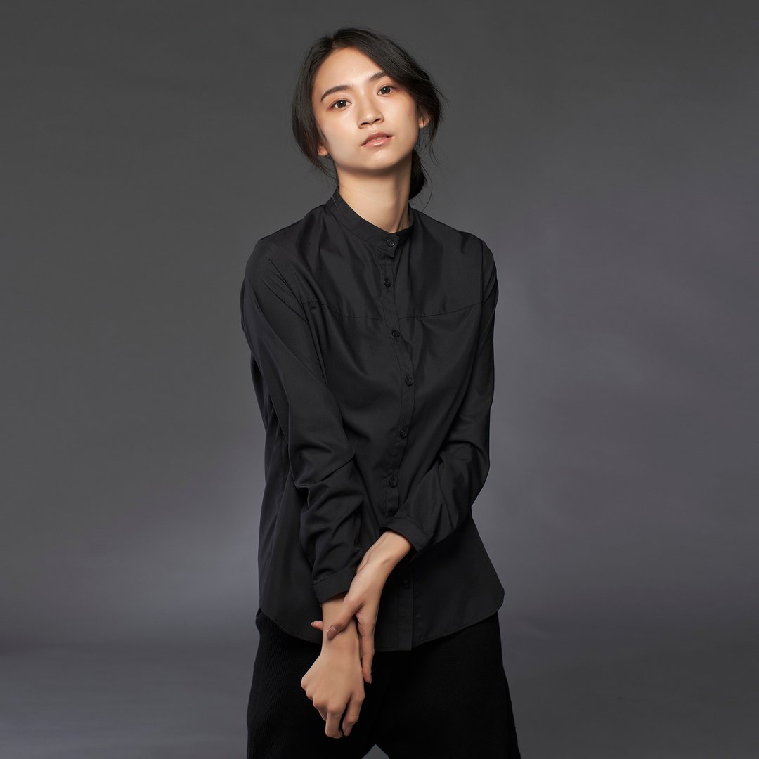 黑色修身黑白拼接衬衫-快干抗菌机能布料 - 女装衬衫 - 聚酯纤维 黑色