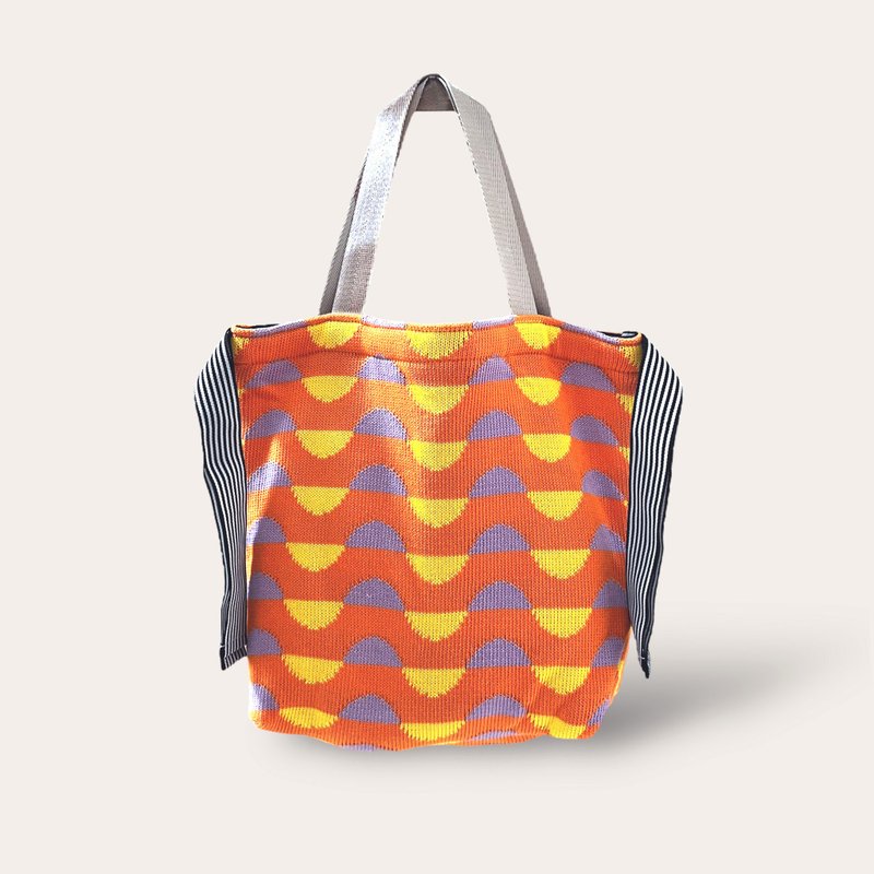 柔软针织提袋 / 针织购物袋 - 橘色半月织纹 - 手提包/手提袋 - 棉．麻 橘色