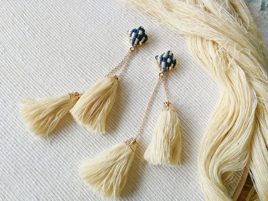 Double tassels / Yellow - 耳环/耳夹 - 棉 黄色