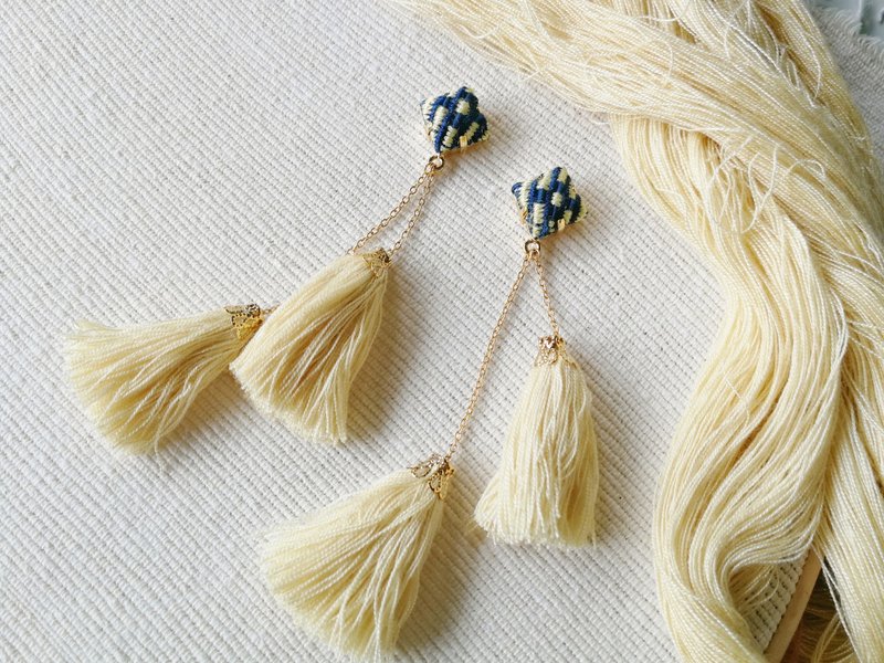Double tassels / Yellow - 耳环/耳夹 - 棉．麻 黄色
