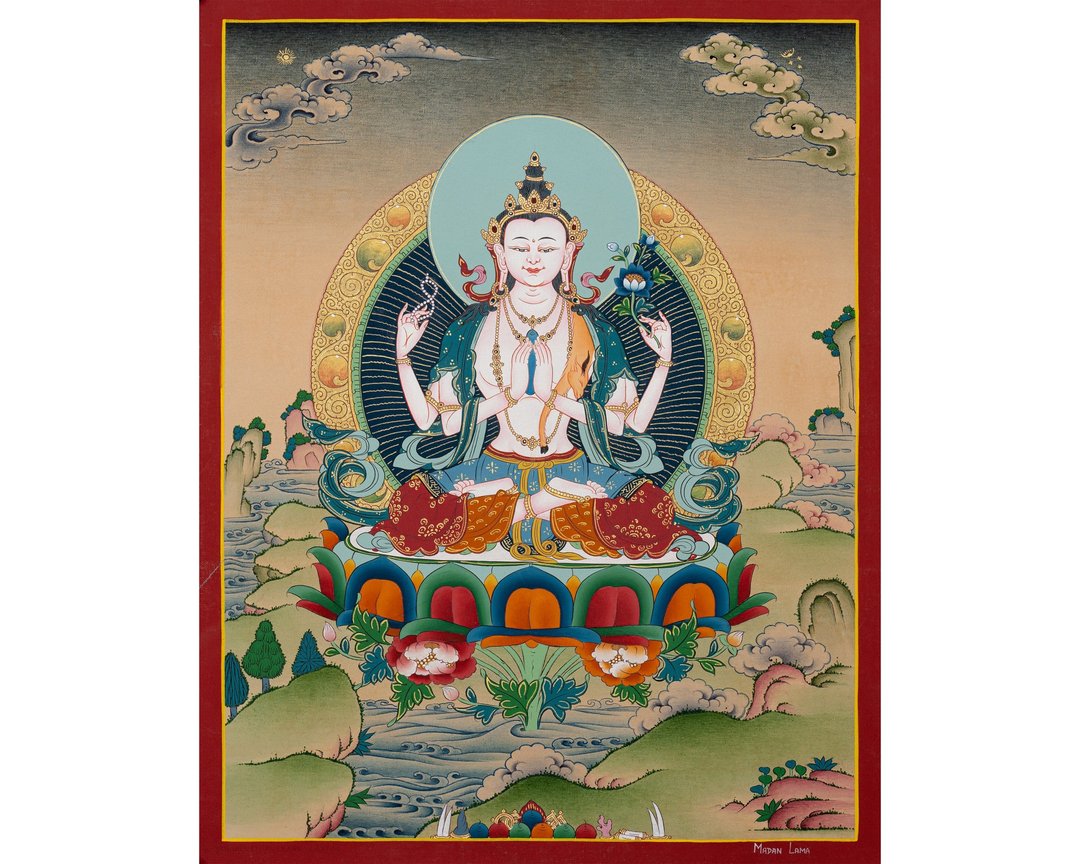 西藏唐卡画布上的四臂观音佛像家居祝福 - 墙贴/壁贴 - 其他材质 多色