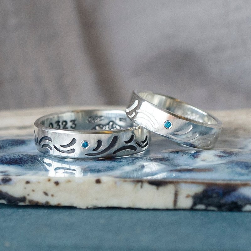 海浪图腾【冲浪】水滴欧洲镶锆石 925银手工小宽戒 定制对戒 - 戒指 - 纯银 银色