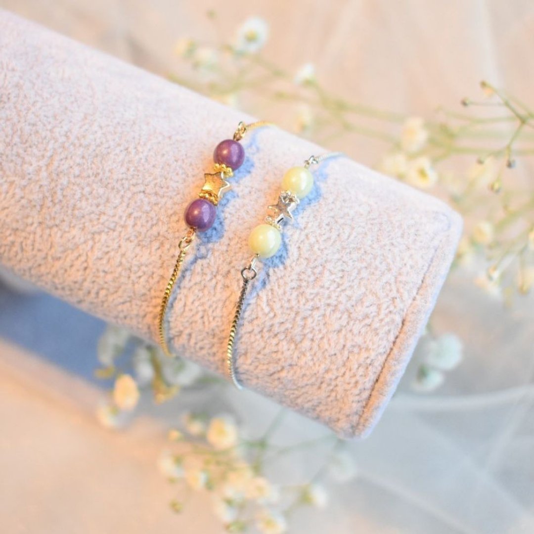 Bracelet Cute combination of star charm and green or purple beads ladies zircon chain stacking simple spring summer autumn winter star adult - 手链/手环 - 其他材质 金色
