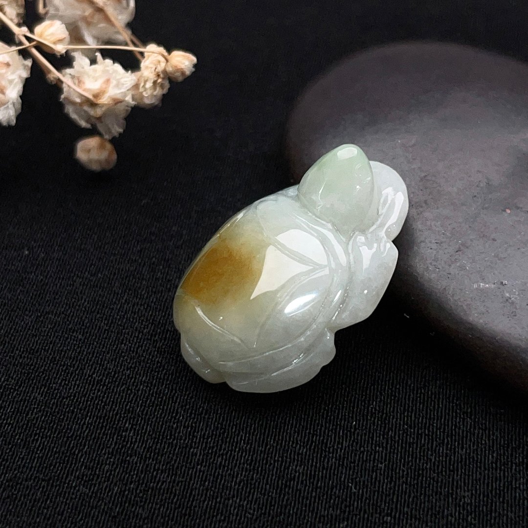 【吉祥·长寿】飘黄花翡翠乌龟吊饰 | 天然缅甸玉翡翠A货 | 送礼 - 吊饰 - 玉石 橘色