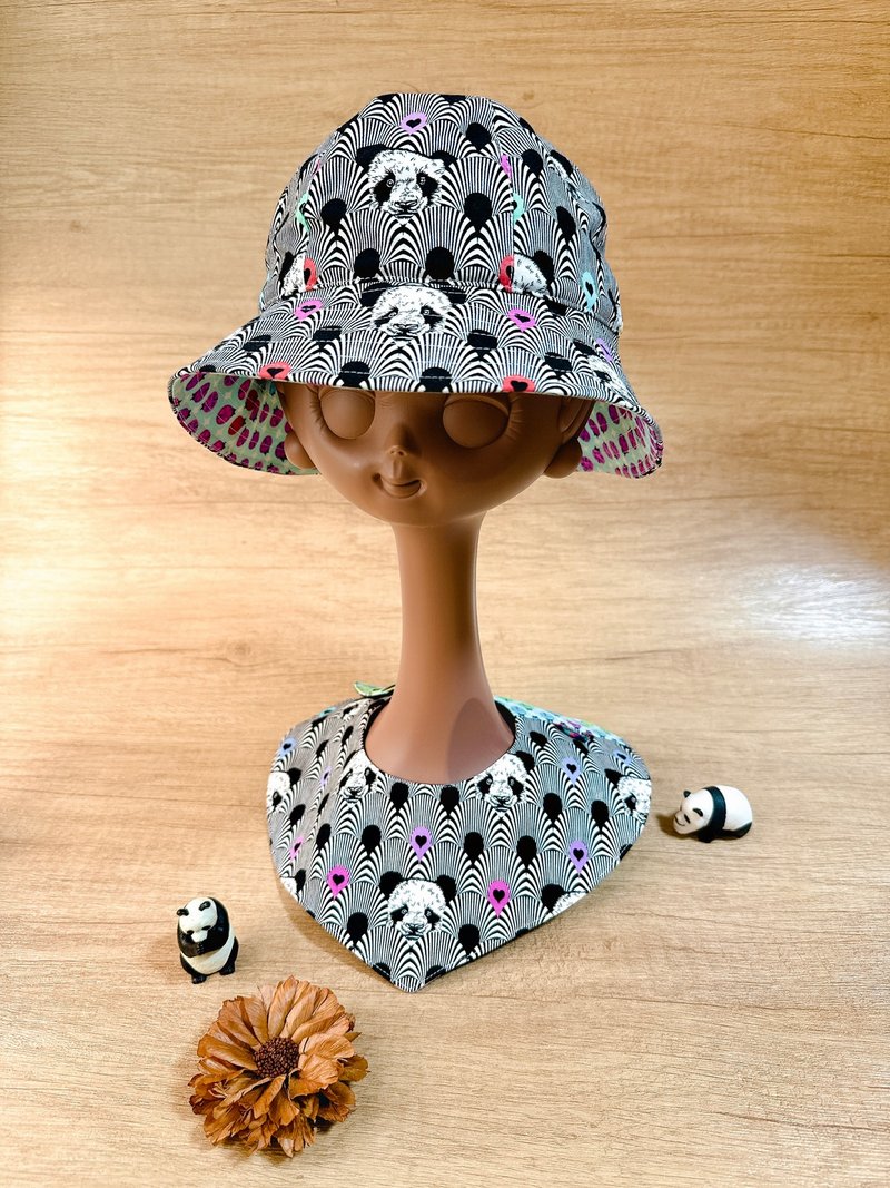 -RARAKO乐子手创-弥月礼收涎礼 宝宝围兜+遮阳帽礼盒-奇异猫熊 - 满月礼盒 - 棉．麻 黑色