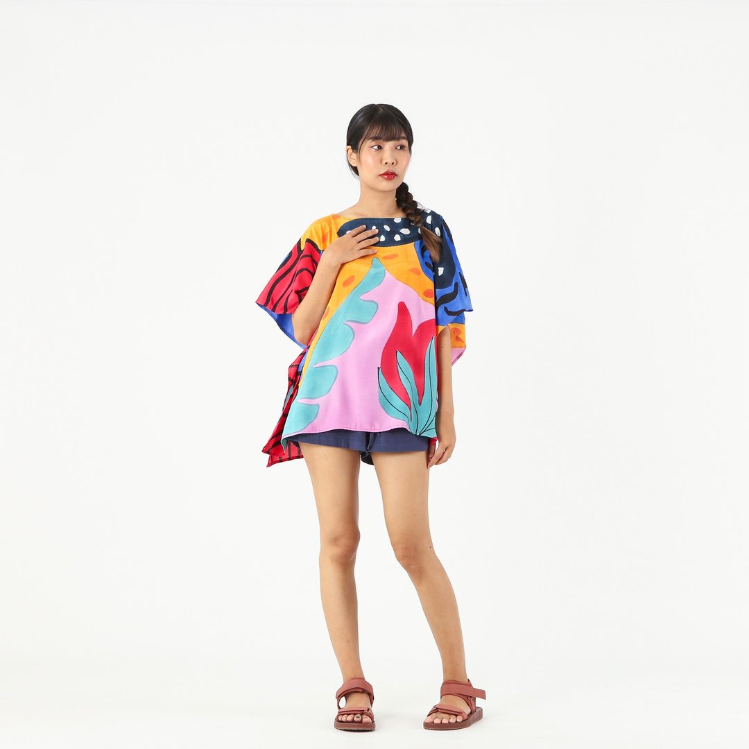 Poncho Blouse Cotton Silk Hand Painted for Summer resort - 女装上衣 - 棉 粉红色