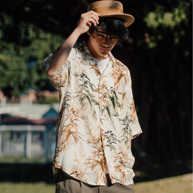 树叶印花古巴领衬衫 - 男装衬衫 - 其他人造纤维 多色