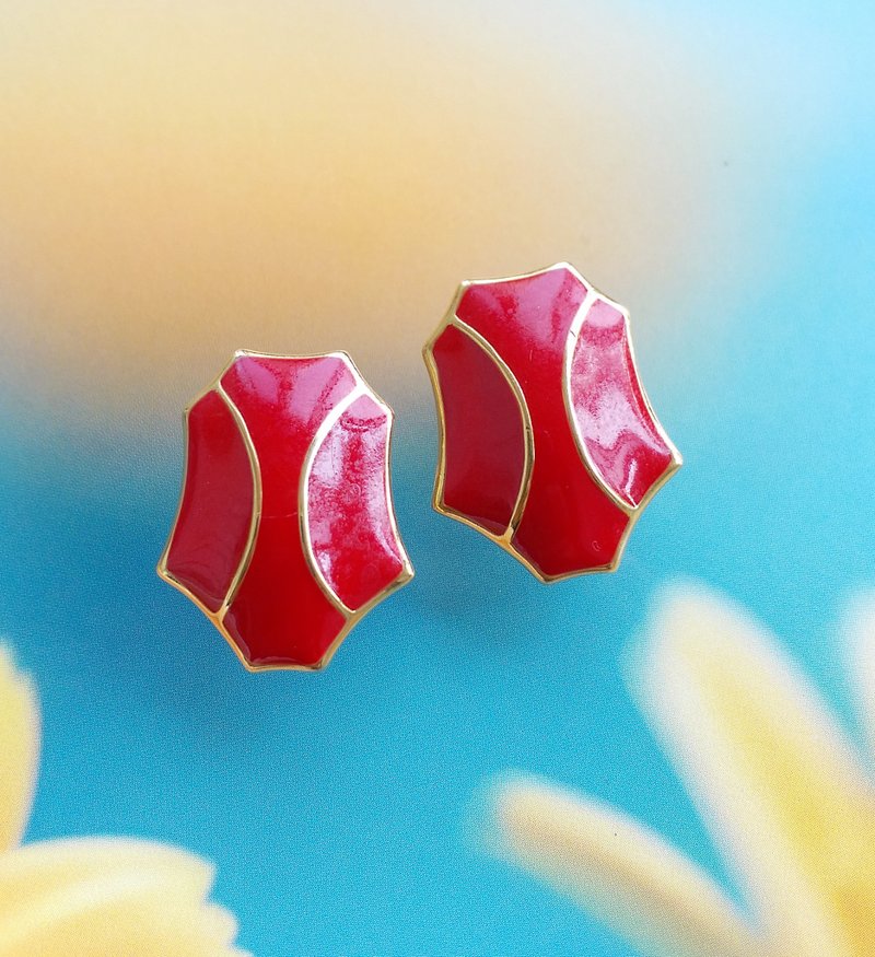Vintage Jewelry 西洋古董饰品 MONET 简约 红珐琅 针式耳环 - 耳环/耳夹 - 其他金属 透明
