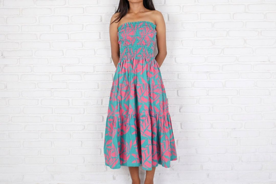 Batik Dyeing Reef Pattern Tiered One Piece Dress Turquoise Pink - 洋装/连衣裙 - 其他材质 绿色