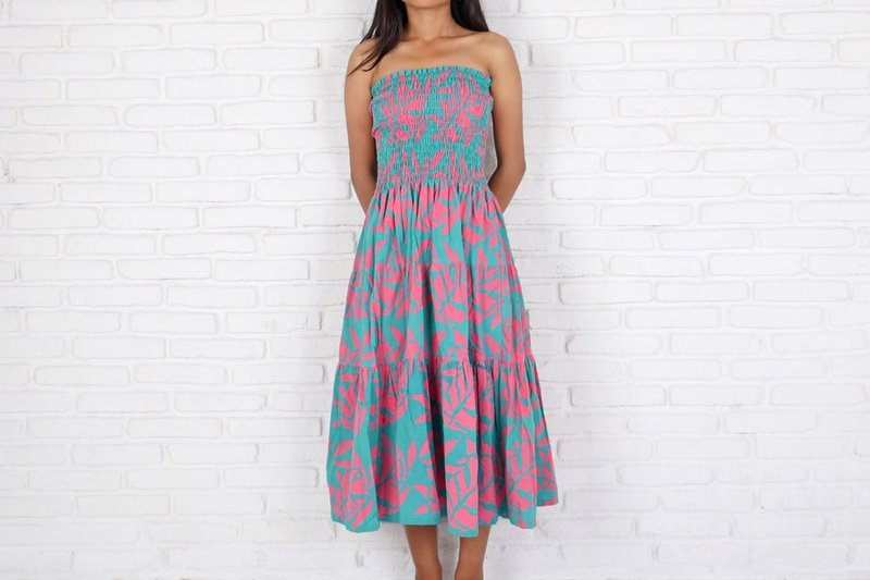 Batik Dyeing Reef Pattern Tiered One Piece Dress Turquoise Pink - 洋装/连衣裙 - 其他材质 绿色