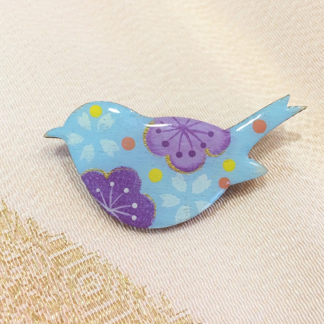 Bird broach Japanese style, light blue - 胸针 - 木头 蓝色