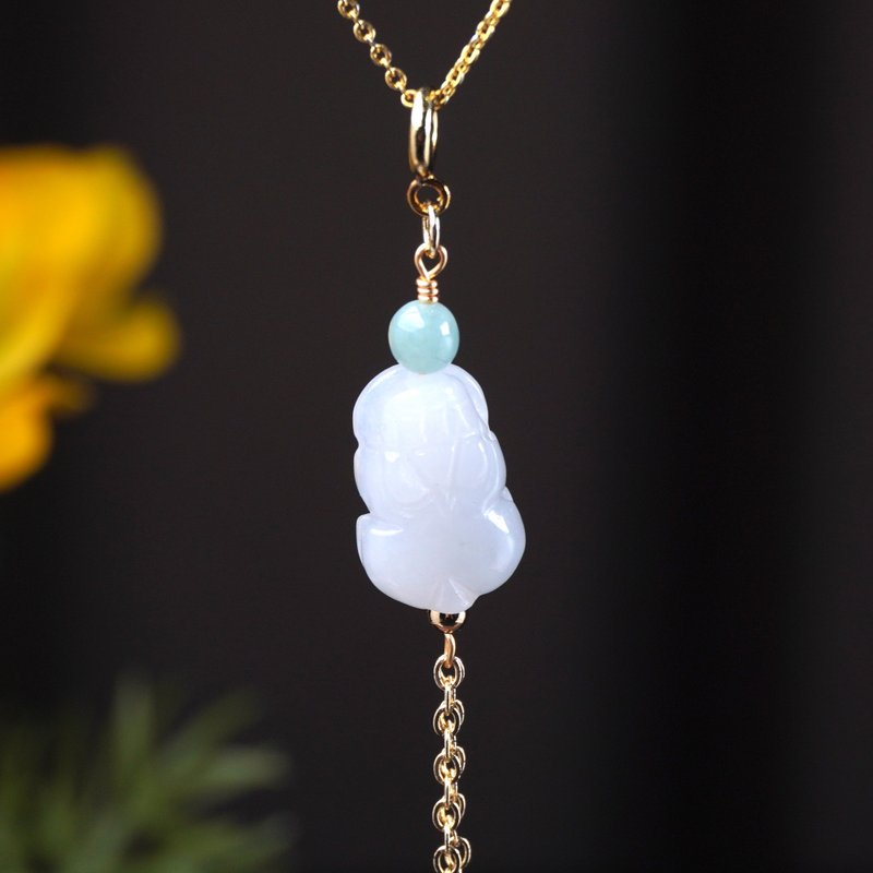 【招财神兽】冰糯种翡翠貔貅14K金吊饰 | 天然缅甸翡翠A货 | 送礼 - 项链 - 玉石 白色