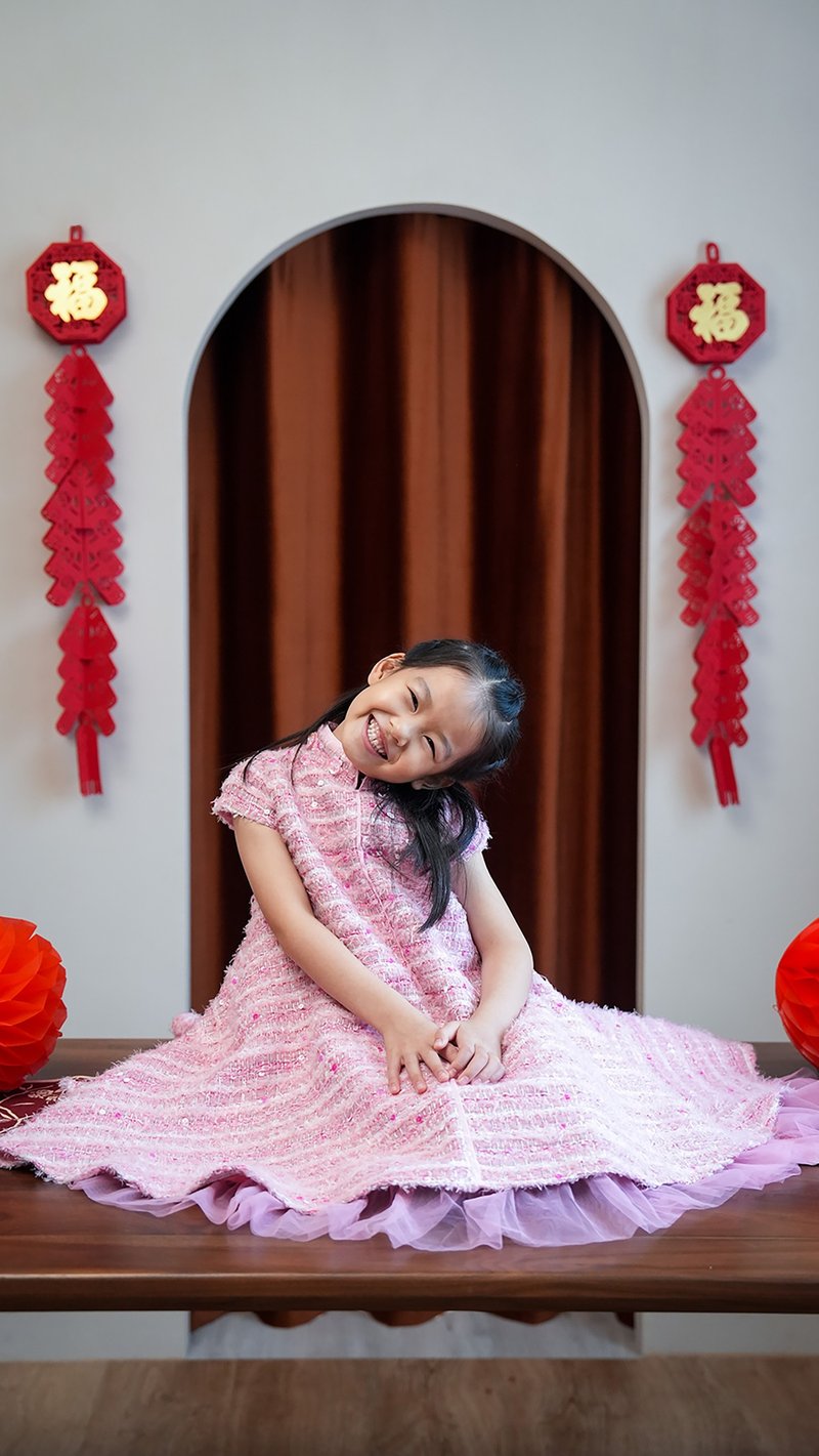 China Doll - 小凤仙袖花呢旗袍 (粉红色) |香港设计|可爱|新年衣 - 童装礼服/连衣裙 - 聚酯纤维 粉红色