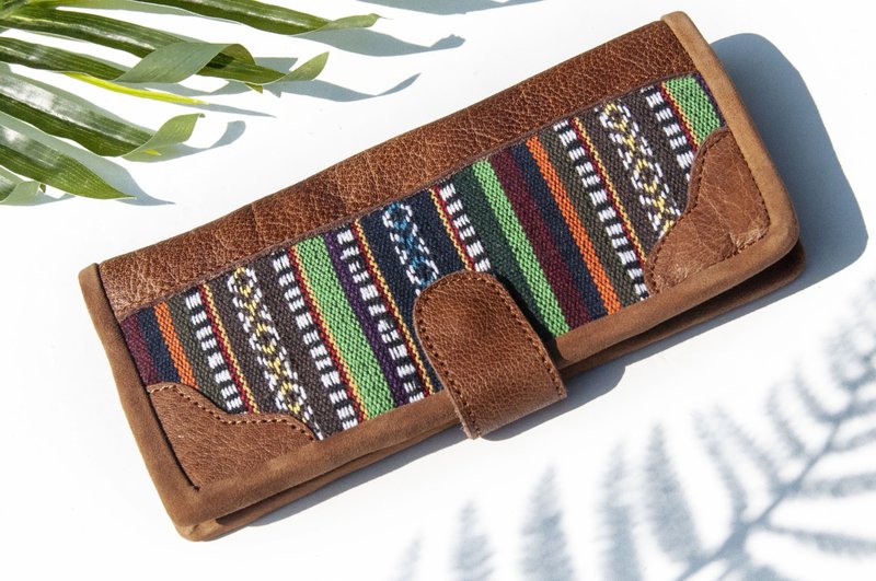 手工棉麻拼接皮革长夹/长皮夹/零钱包/编织皮夹-民族风编织皮夹 - 皮夹/钱包 - 真皮 多色