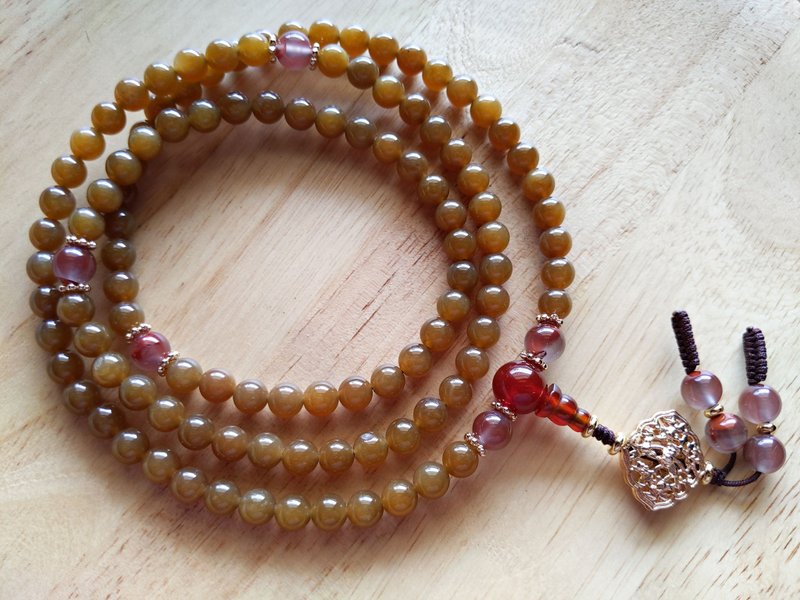 ORLI Jewelry 天然和阗玉糖玉108颗念珠 和田玉糖玉佛珠 南红玛瑙 - 项链 - 宝石 咖啡色
