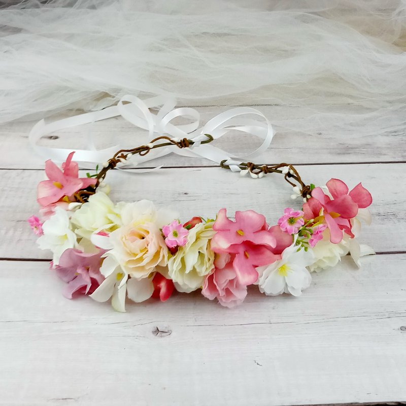 新娘花冠 欧陆田园风花环 玫瑰花环【油彩花叶系列】C16【现货】 - 发饰 - 丝．绢 粉红色